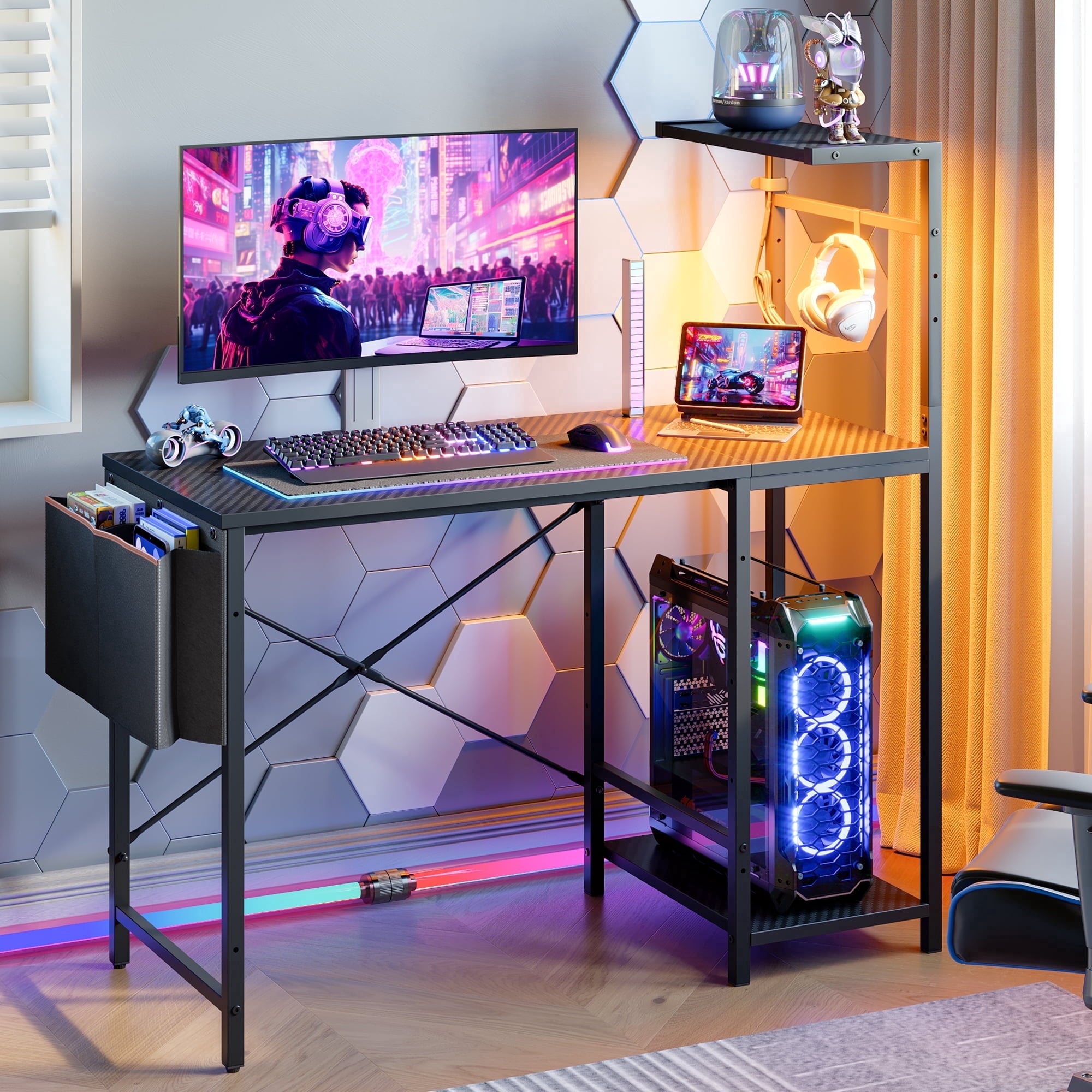 Bestier Gaming Desk with LED Lights, 44'' Computer Desk with Reversible Shelves, PC Gamer Desk with Side Storage Bag, Hooks…
