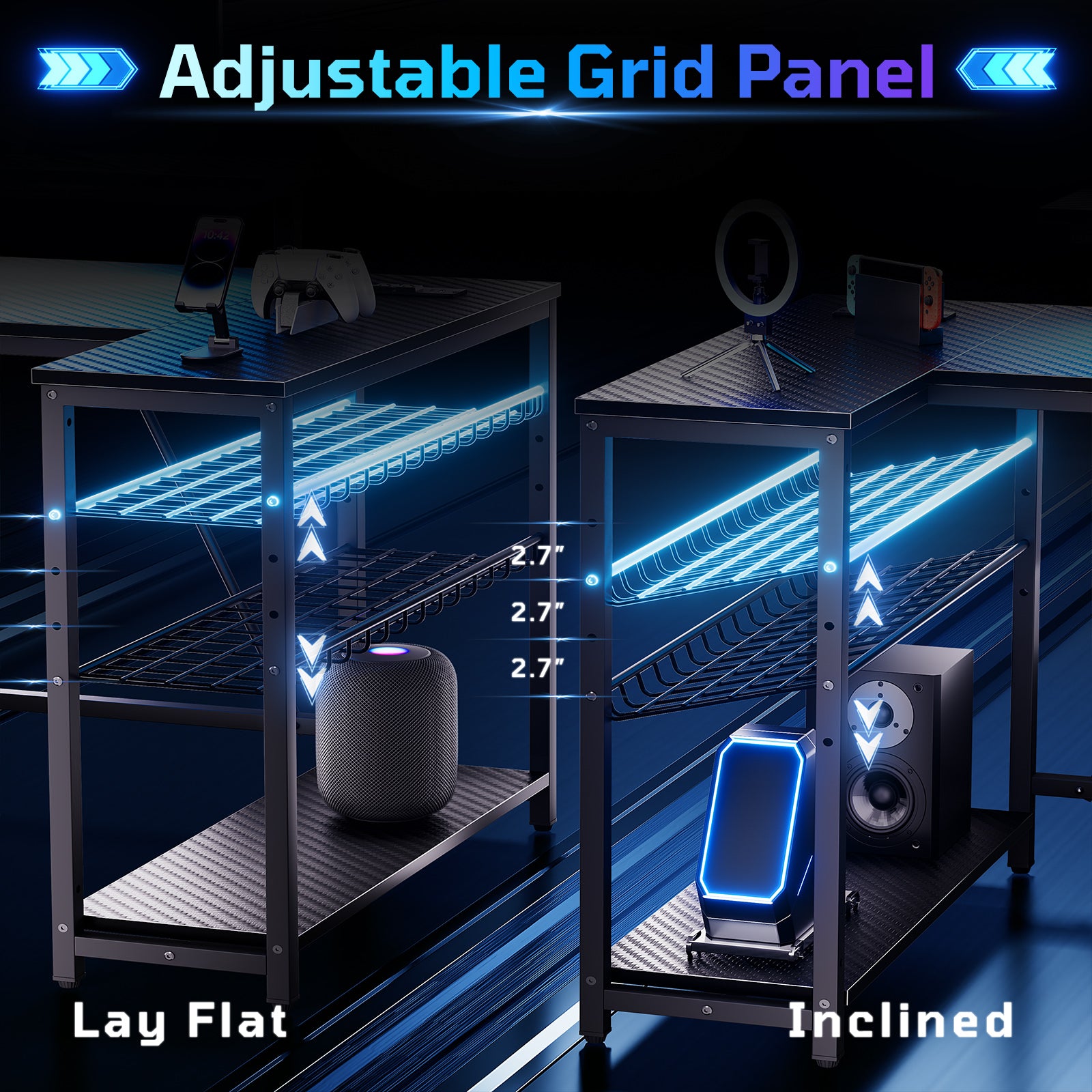 RSPGAME 42" Reversible L-Shaped Gaming Desk: Equipped with Power Outlets, LED Lights, Adjustable Shelves & Hooks for Small Spaces ,Bedrooms & Offices, Carbon Fiber Black
