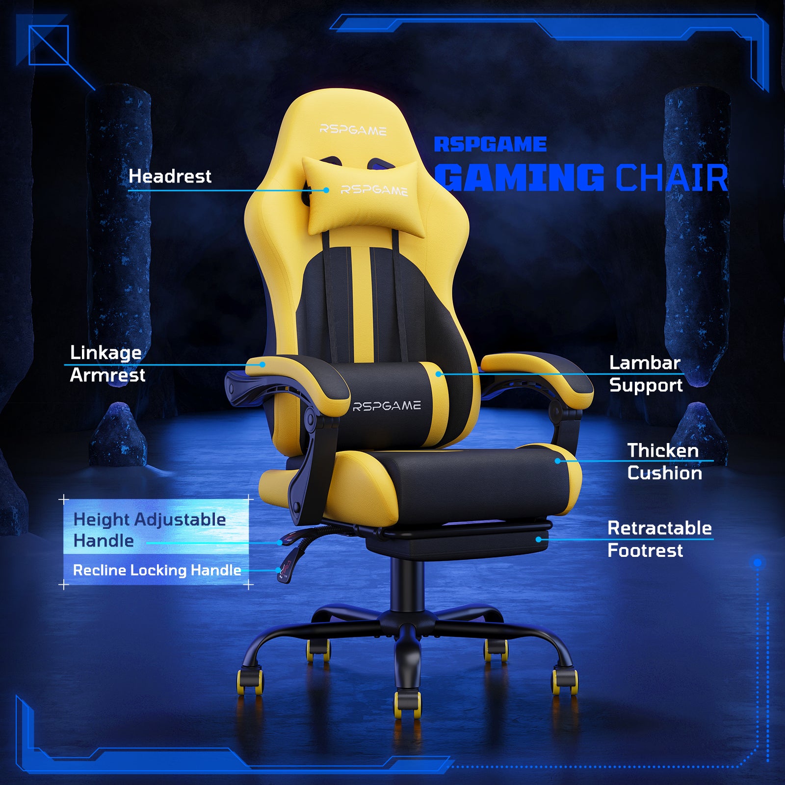 RSPGAME Ergonomic Gaming Chair For Adults,PU Leather Office Chairs with Lumbar Support and Retractable Footrest,Home and Office Computer Chairs-Yellow Racing