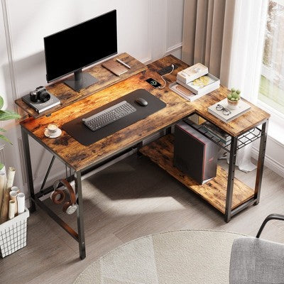 Bestier 48" L Shaped Desk with LED Lights & Power Outlets, Corner Computer Desk with Monitor Stand for Home Office, Rustic