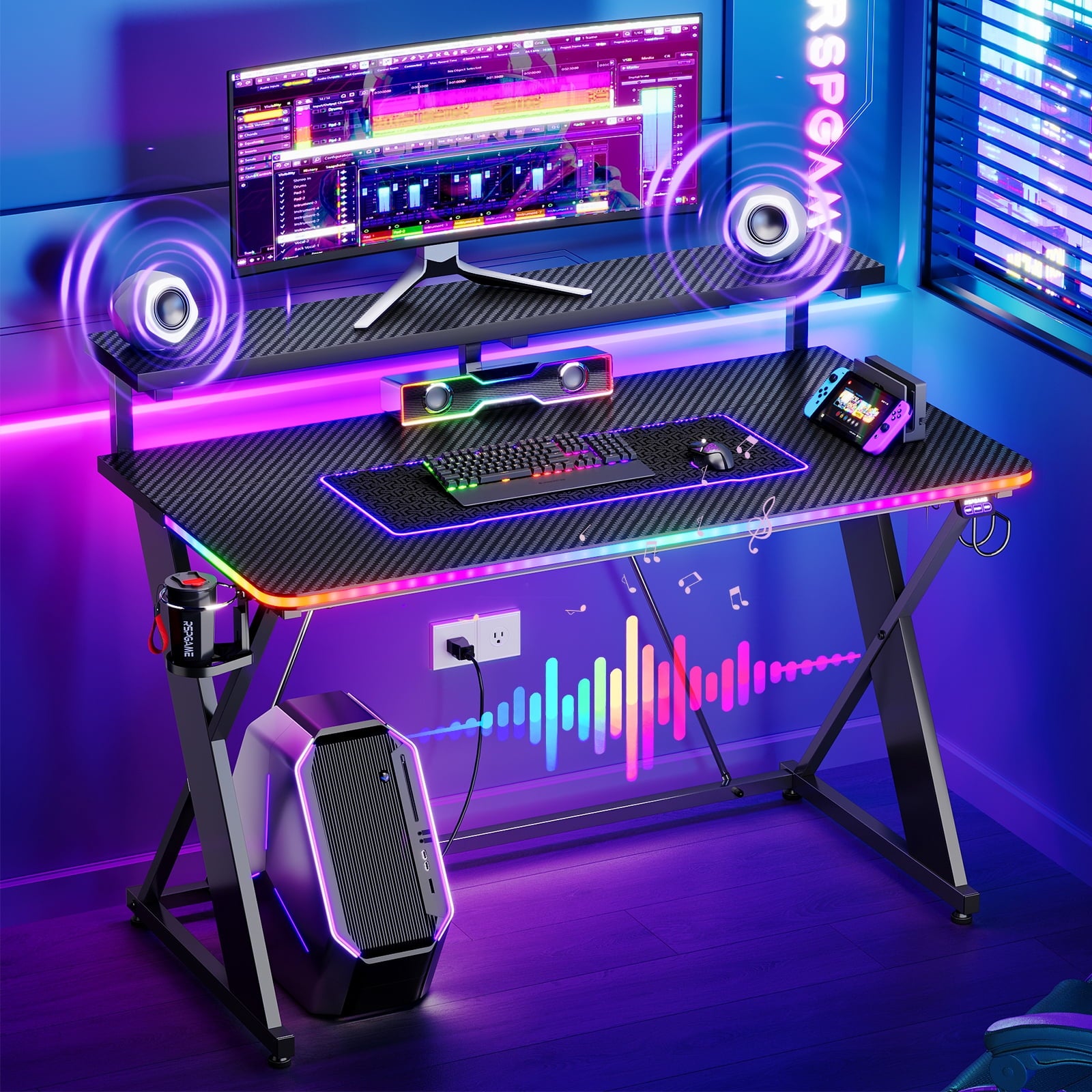 RSPGAME 47" Gaming Desk with Music Sync LED Light, X-Shape Ergonomic Gamer Desk with Monitor Stand, Dynamic RGB Lighting,…