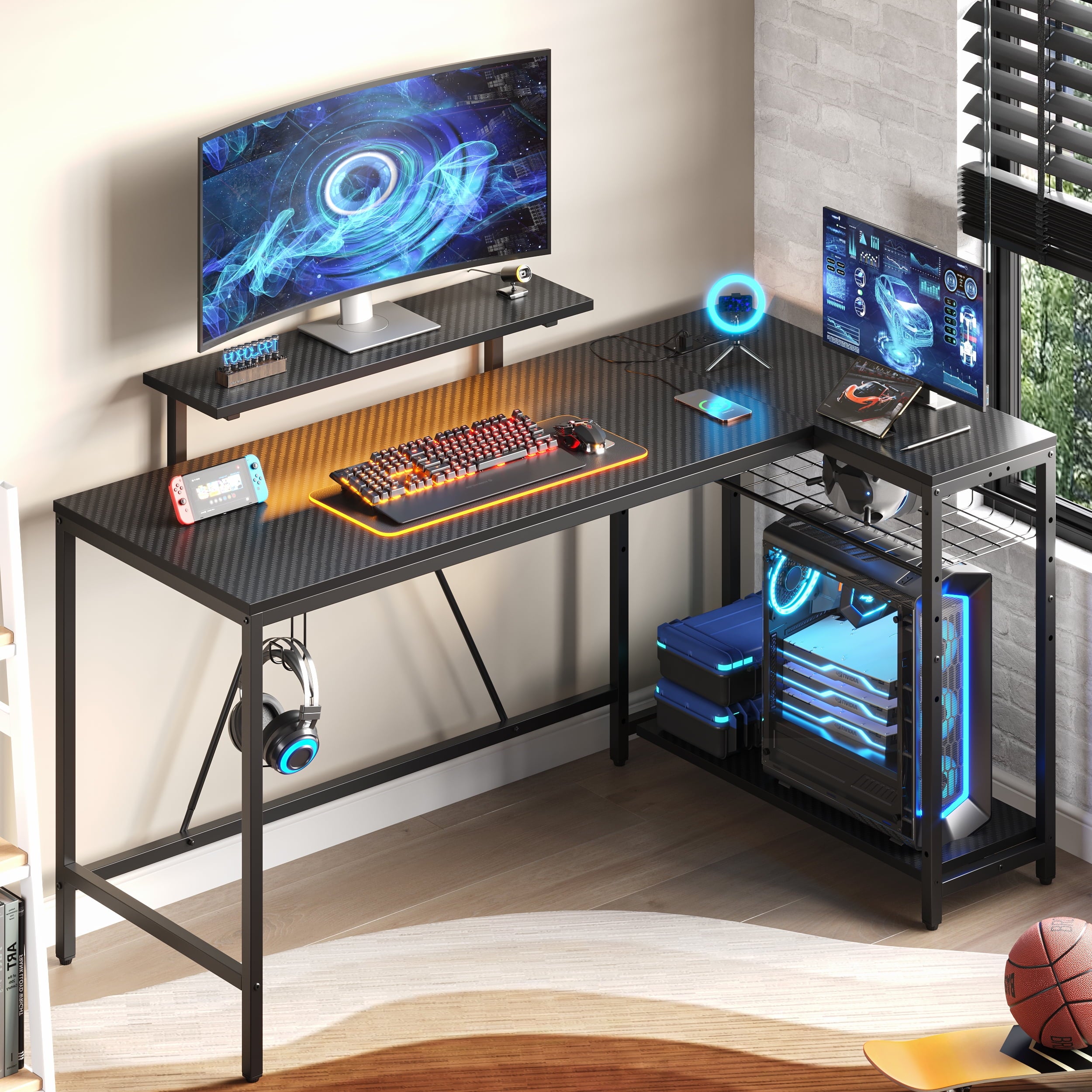 Bestier 48" L Shaped Gaming Desk with LED Lights & Power Outlets, Computer Desk with Monitor Stand, Carbon Fiber - image 2