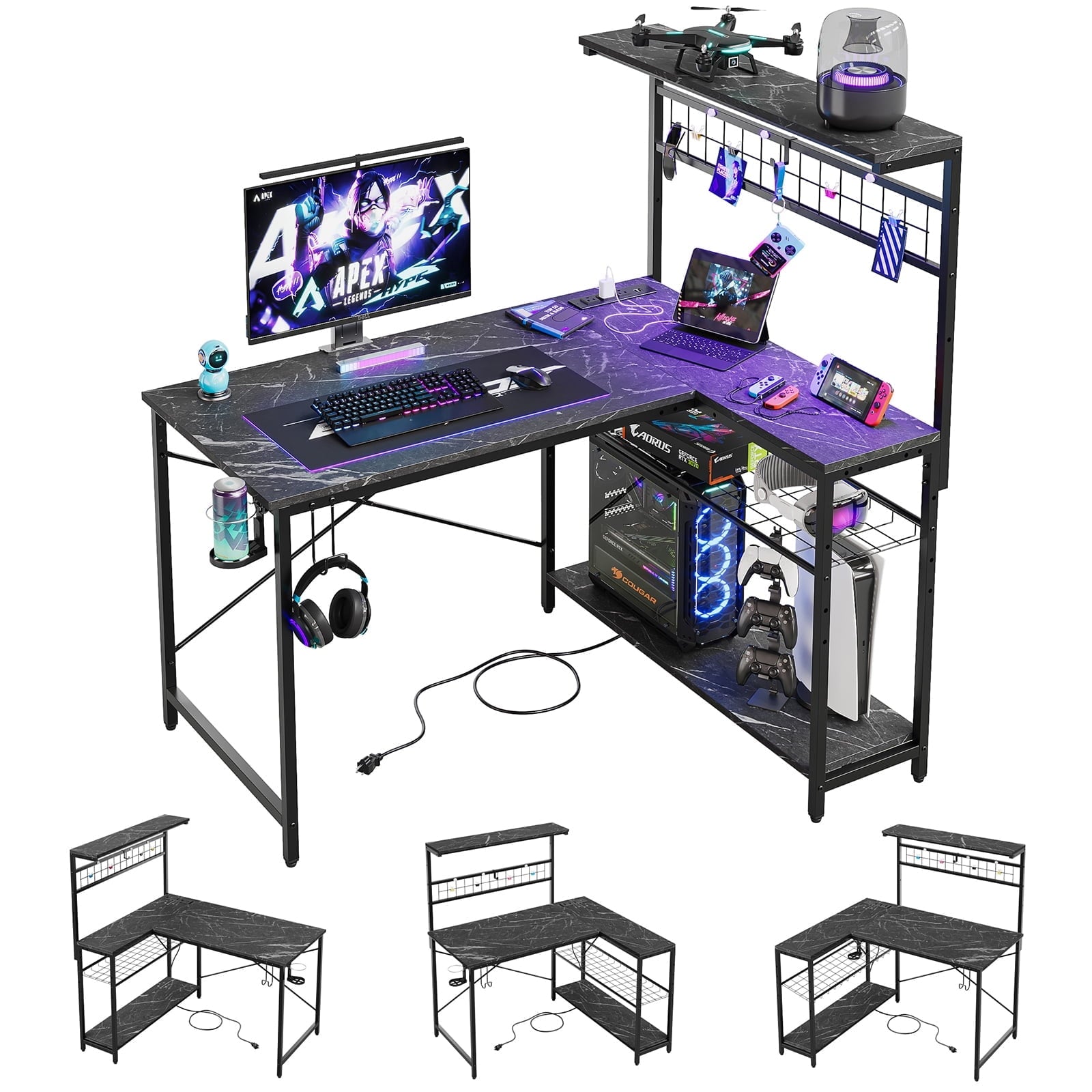 Bestier Reversible 44 inch Computer Desk with LED Lights Gaming Desk with 4 Tier Shelves Black Marble - image 2
