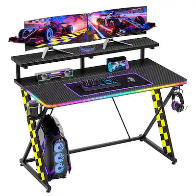 RSPGAME 43" Music Sync LED Gaming Desk,X-Shape Ergonomic Monitor Stand Gamer Table,PC Desk with Dynamic Lighting,Color…