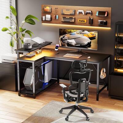Bestier 42" Reversible L-Shaped Gaming Desk: Equipped with Power Outlets, LED Lights, Adjustable Shelves & Hooks for Small…