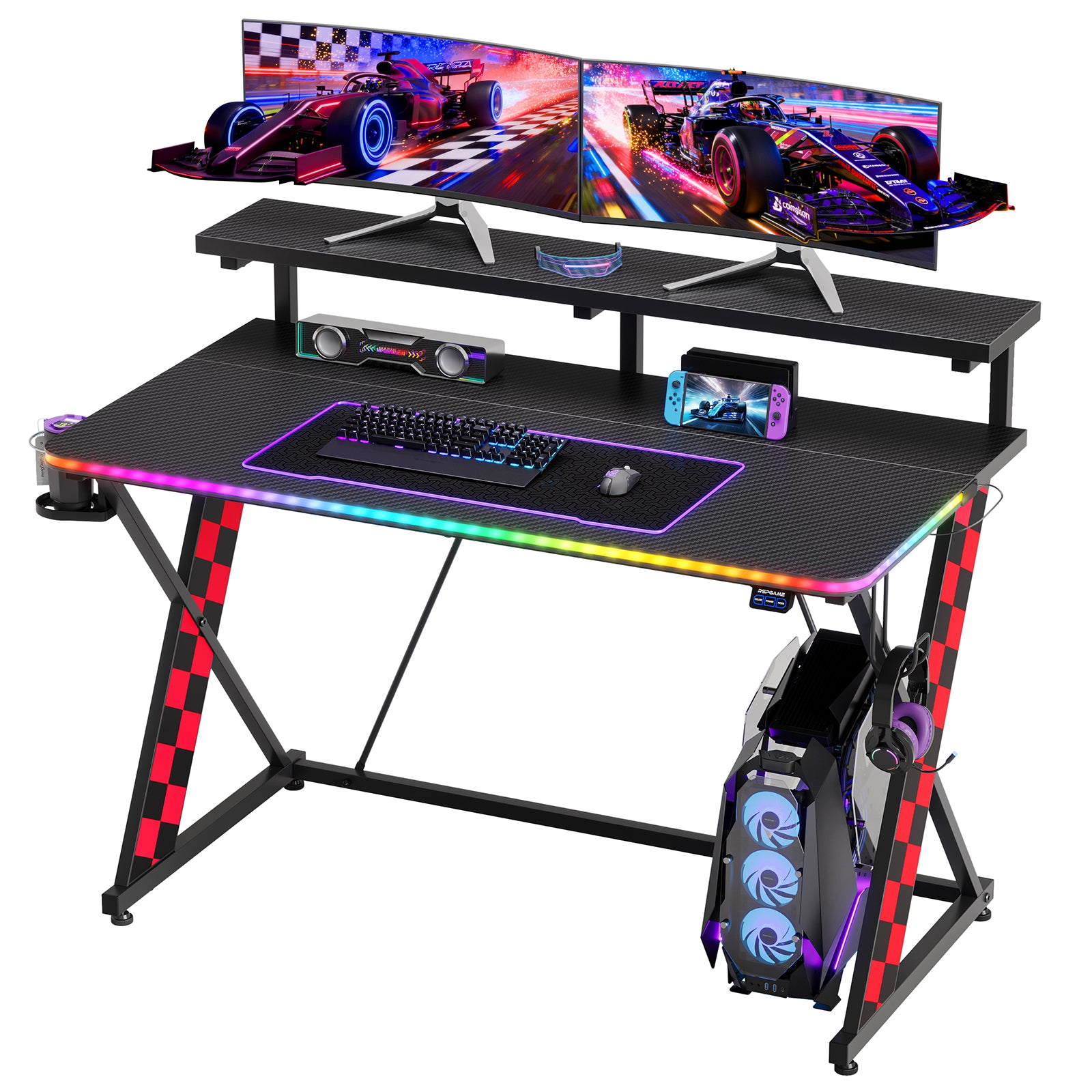 RSPGAME 43" Music Sync Light Gaming Desk PC Computer Black Office Gamer Table Desk with LED Lights & Monitor Stand, Red Racing