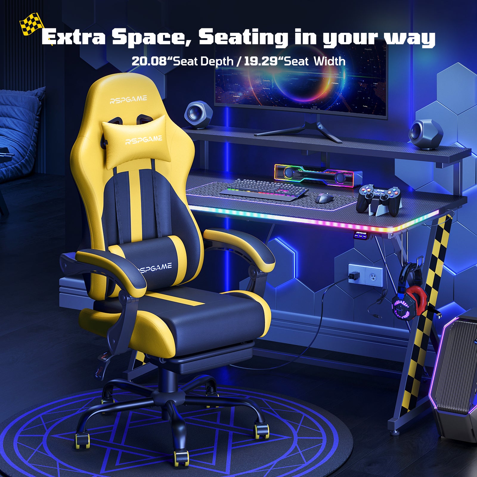 RSPGAME Ergonomic Gaming Chair For Adults,PU Leather Office Chairs with Lumbar Support and Retractable Footrest,Home and Office Computer Chairs-Yellow Racing