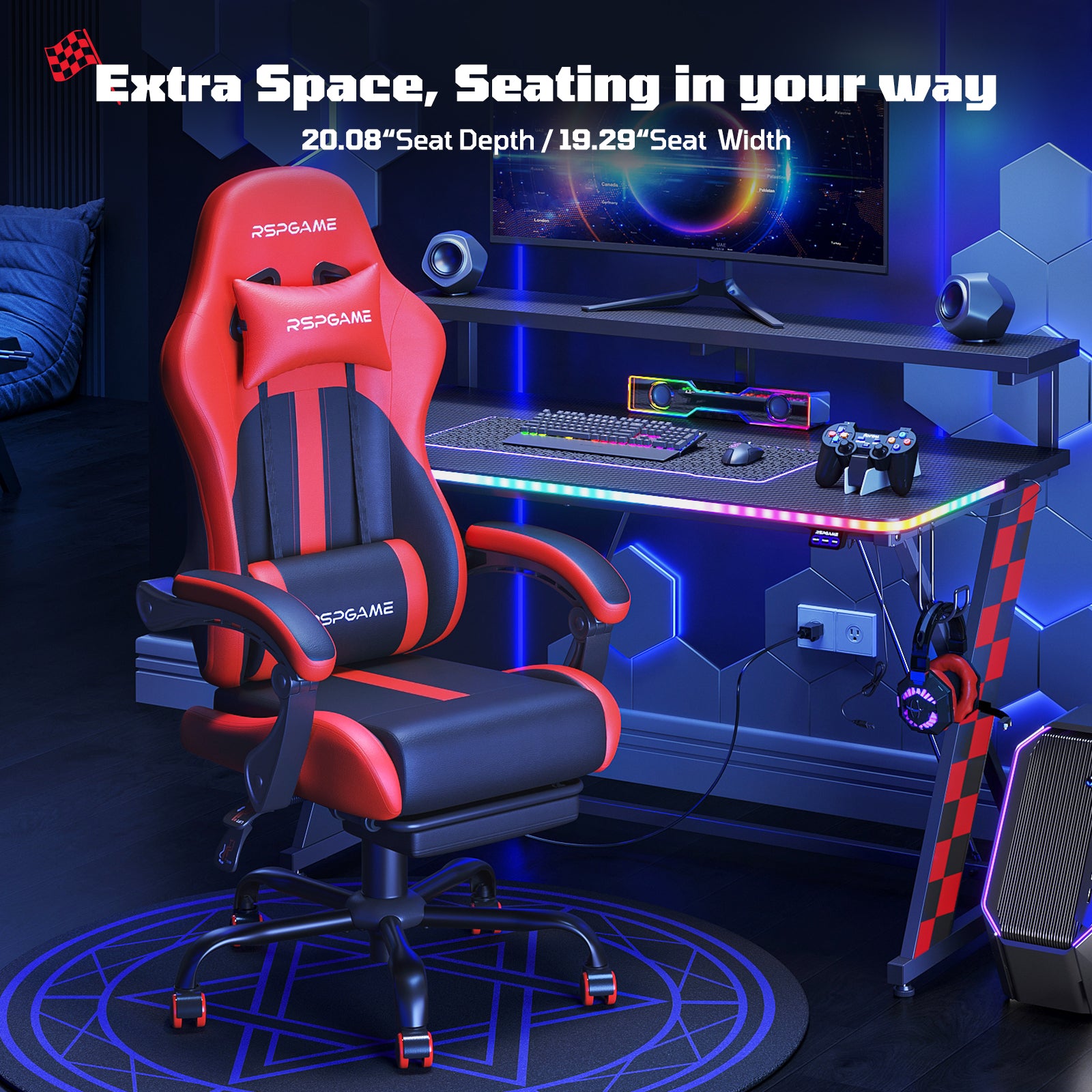 RSPGame Message Ergonomic Gaming Chairs for Adults,Pocket Spring Cushion,PU Leather Office Chairs with Lumbar Support and Retractable Footrest,Home and Office Computer Chairs-Red Racing