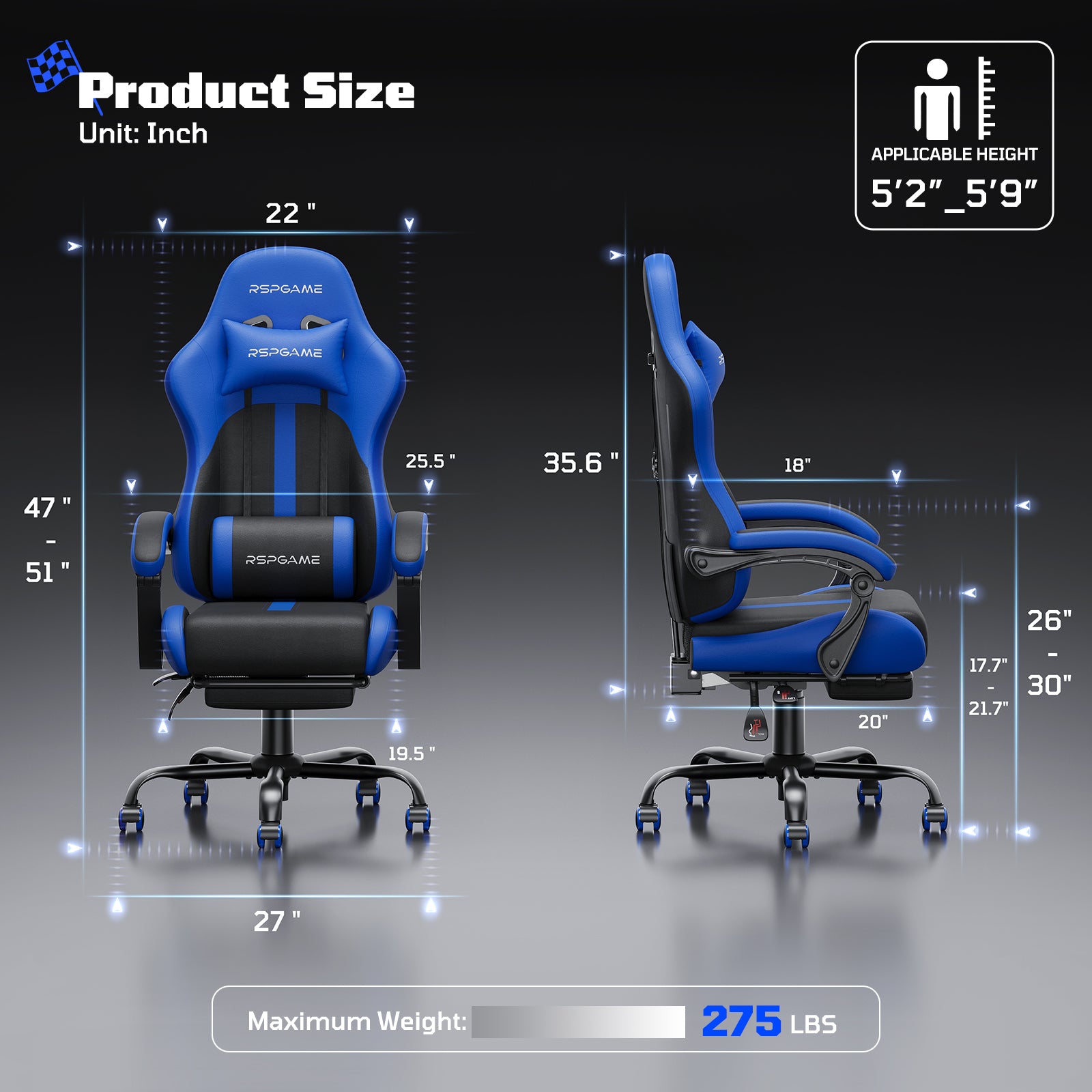 RSPGame Ergonomic Gaming Chairs for Adults,Pocket Spring Cushion,PU Leather Office Chairs with Lumbar Support and Retractable Footrest,Home and Office Computer Chairs-Blue Racing