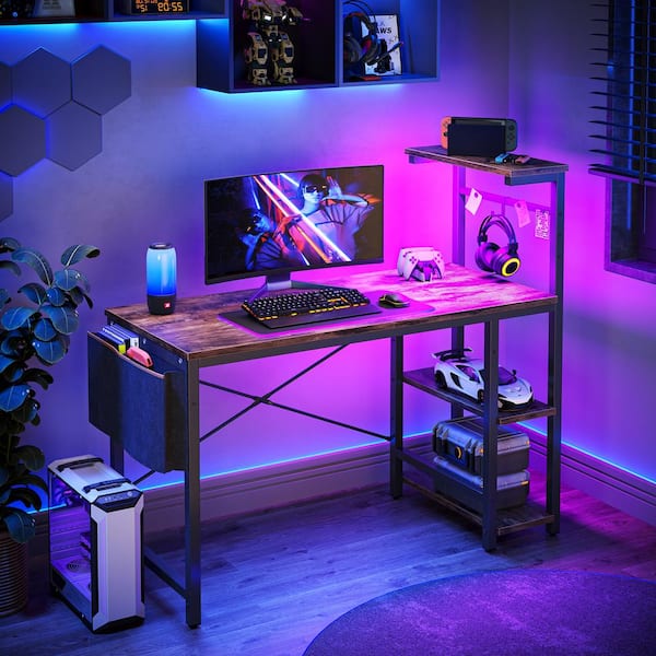 Bestier 44-Inch Gamer Table with LED Lights and Reversible 4-Tier Storage Shelves, Rustic