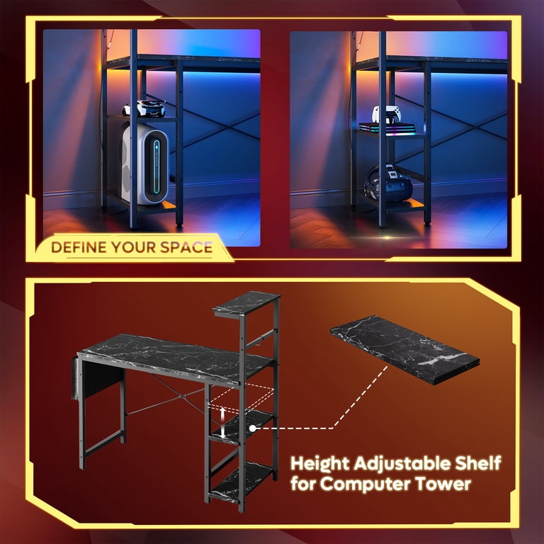 Bestier 51.3 inch LED-Lit Gaming Desk, Reversible Design with 4-Tier Shelves, & Hook in Black Marble