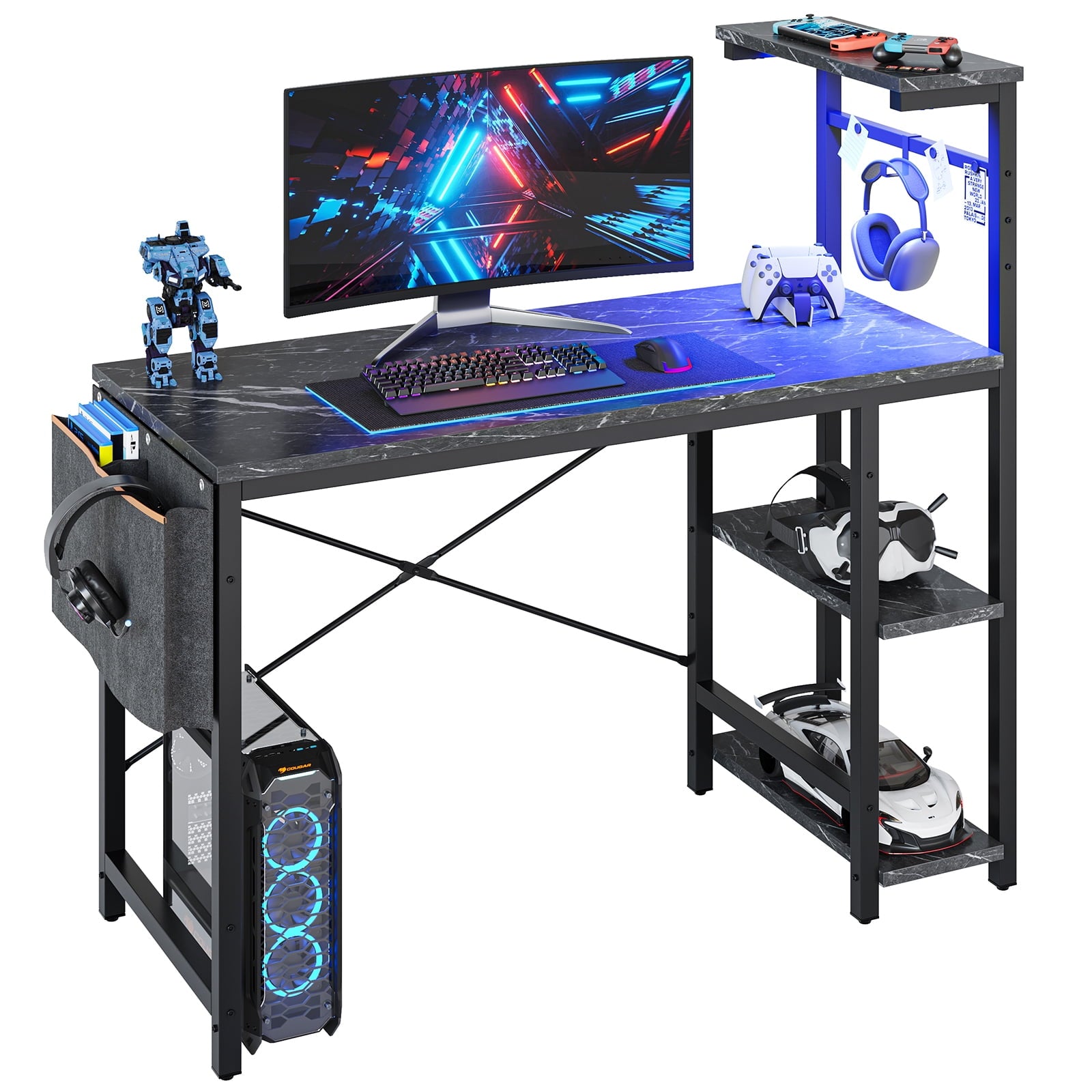 Bestier Reversible 44 inch Computer Desk with LED Lights Gaming Desk with 4 Tier Shelves Black Marble