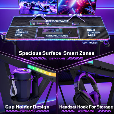 RSPGAME 55" Music Sync Gaming Desk with LED Lights, Gamer Table with Cup Holder & Headphone Hook, X-Shape Home Office PC Computer Desk, Carbon Fiber Black