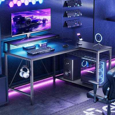 RSPGAME 42" Reversible L-Shaped Gaming Desk: Equipped with Power Outlets, LED Lights, Adjustable Shelves & Hooks for Small Spaces ,Bedrooms & Offices, Carbon Fiber Black