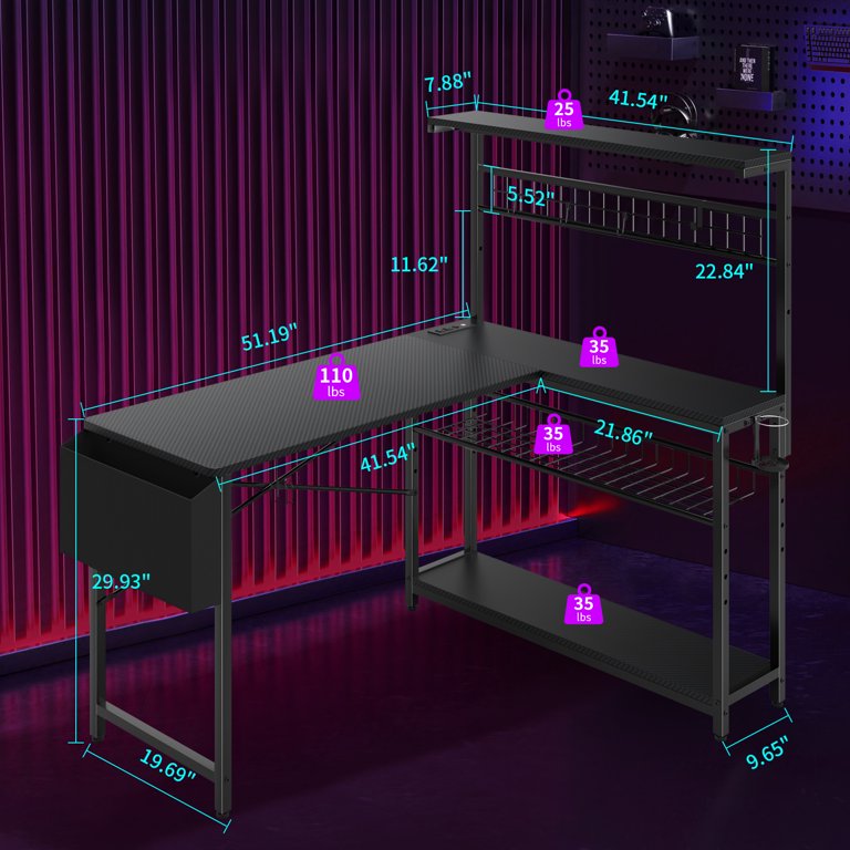RSPGAME 51.7" L-Shaped Gaming Desk with Power Outlets and Storage Shelves, Carbon Fiber Black