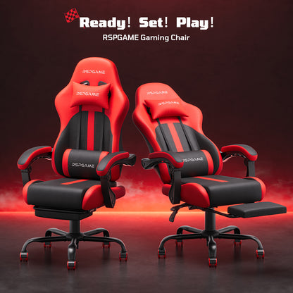 RSPGame Ergonomic Gaming Chairs for Adults,Pocket Spring Cushion,PU Leather Office Chairs with Lumbar Support and Retractable Footrest,Home and Office Computer Chairs-Red Racing