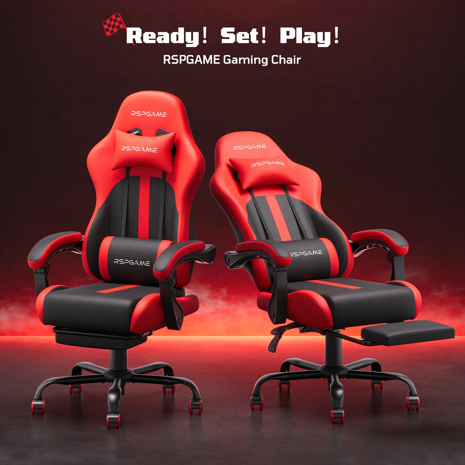 RSPGame Message Ergonomic Gaming Chairs for Adults,Pocket Spring Cushion,PU Leather Office Chairs with Lumbar Support and Retractable Footrest,Home and Office Computer Chairs-Red Racing