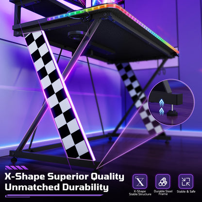 RSPGAME 43" Music Sync Light Gaming Desk PC Computer Black Office Gamer Table Desk with LED Lights & Monitor Stand, White Racing