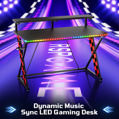 RSPGAME 43" Music Sync Light Gaming Desk PC Computer Black Office Gamer Table Desk with LED Lights & Monitor Stand, Red Racing