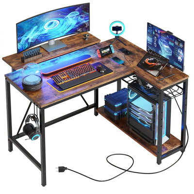 RSPGAME 42" L Shaped Computer Desk with Power Outlets, Home Office Desk with LED Lights & Monitor Stand, Reversible Shelves, Corner Desk for Small Spaces, Bedrooms, Rustic