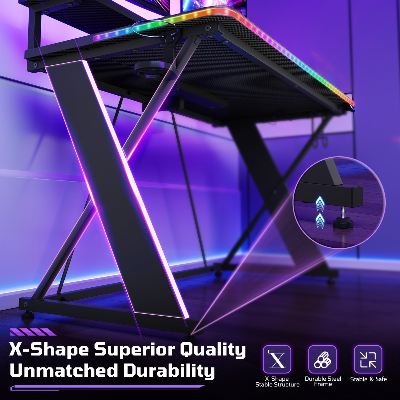 RSPGAME 43" Music Sync LED Gaming Desk,X-Shape Ergonomic Monitor Stand Gamer Table,PC Desk with Cup Holder and PS4/PS5/XBox Controller/Headset Hanger,Black Racing