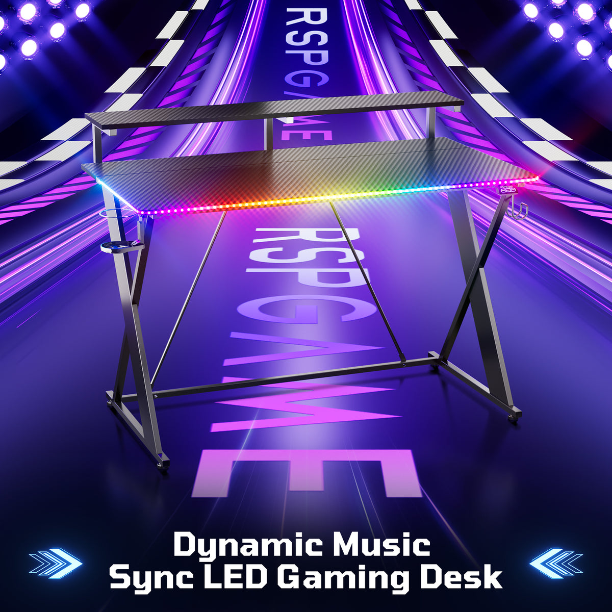RSPGAME 43" Music Sync LED Gaming Desk,X-Shape Ergonomic Monitor Stand Gamer Table,PC Desk with Dynamic Lighting,Color Changing Office Desks,Black Racing
