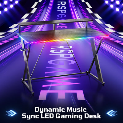 RSPGAME 43" Music Sync LED Gaming Desk,X-Shape Ergonomic Monitor Stand Gamer Table,PC Desk with Dynamic Lighting,Color Changing Office Desks,Black Racing