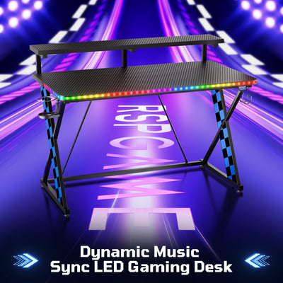RSPGAME 43" Music Sync Light Gaming Desk PC Computer Black Office Gamer Table Desk with LED Lights & Monitor Stand, Blue Racing