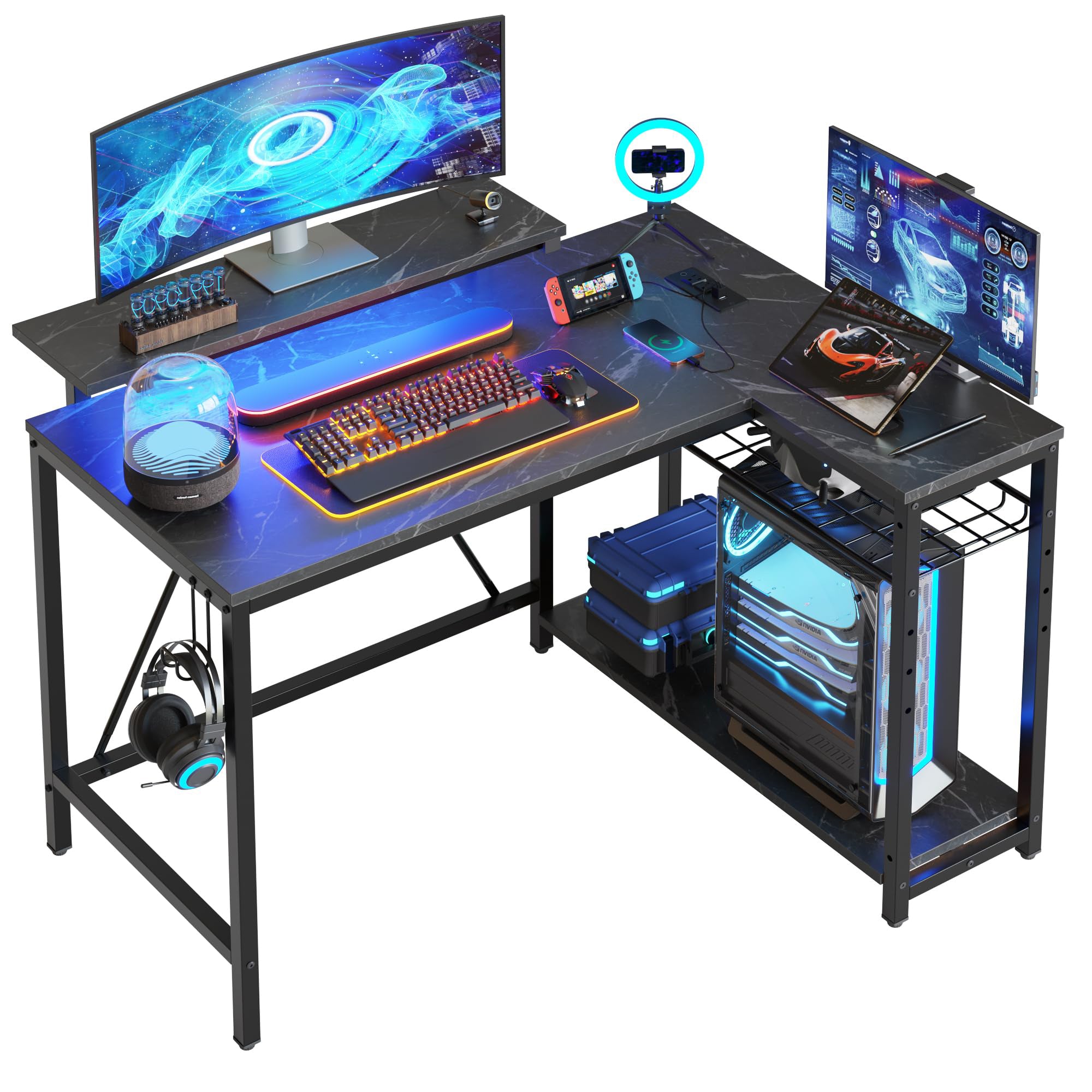 RSPGAME 42" Reversible L-Shaped Gaming Desk with Power Outlets, LED Lights, Monitor Stand & Headset Hooks for Small Spaces, Bedrooms & Home Offices, Black Marble