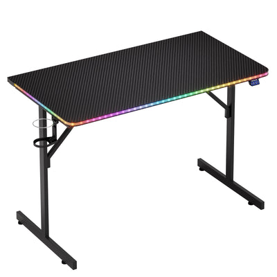 RSPGAME 43.5" Music Sync Gaming Desk, Ergonomic Gamer Table, ,T-Shape PC Computer Desk with RGB Lighting, Carbon Fiber Black