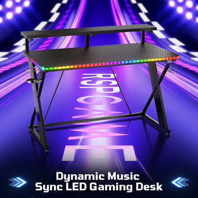 RSPGAME 43" Music Sync LED Gaming Desk,X-Shape Ergonomic Monitor Stand Gamer Table,PC Desk with Cup Holder and PS4/PS5/XBox Controller/Headset Hanger,Black Racing