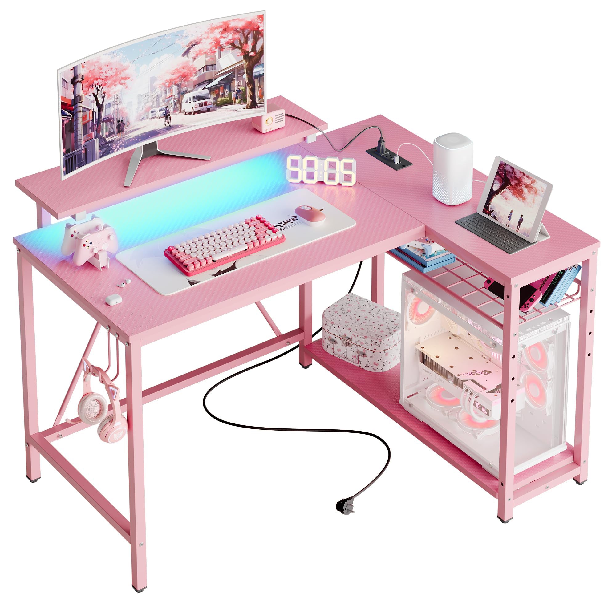 RSPGAME 42" L Shaped Computer Desk with Power Outlets, Corner Office Desk with LED Lights & Monitor Stand, Reversible Shelves, Corner Desk for Small Spaces ,Bedrooms & Home, Carbon Fiber Pink