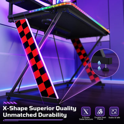 RSPGAME 43" Music Sync Light Gaming Desk PC Computer Black Office Gamer Table Desk with LED Lights & Monitor Stand, Red Racing