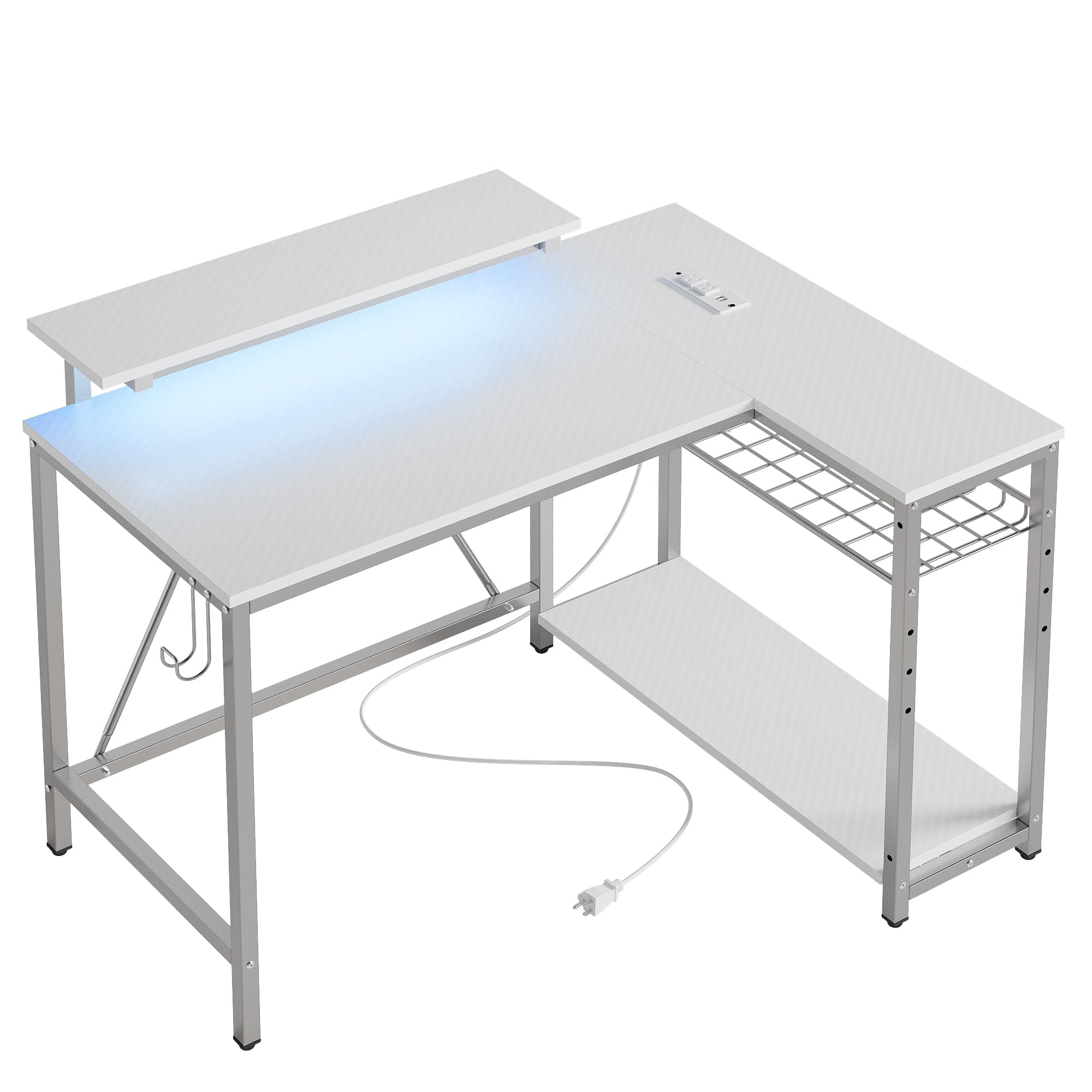 RSPGAME 42" L Shaped Computer Desk with Power Outlets, Home Office Desk with LED Lights & Monitor Stand, Reversible Shelves, Corner Desk for Small Spaces ,Bedrooms, Carbon Fiber White