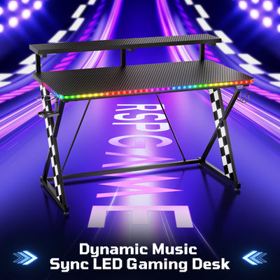 RSPGAME 43" Music Sync Light Gaming Desk PC Computer Black Office Gamer Table Desk with LED Lights & Monitor Stand, White Racing