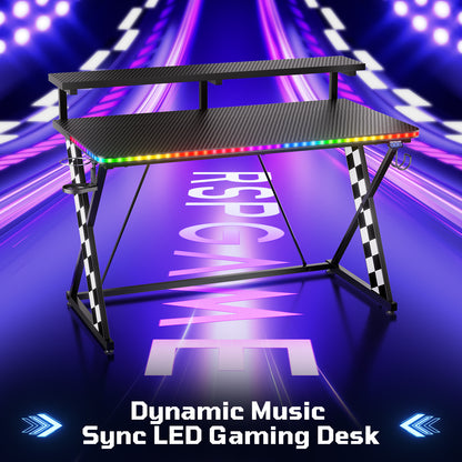 RSPGAME 43" Music Sync Light Gaming Desk PC Computer Black Office Gamer Table Desk with LED Lights & Monitor Stand, White Racing