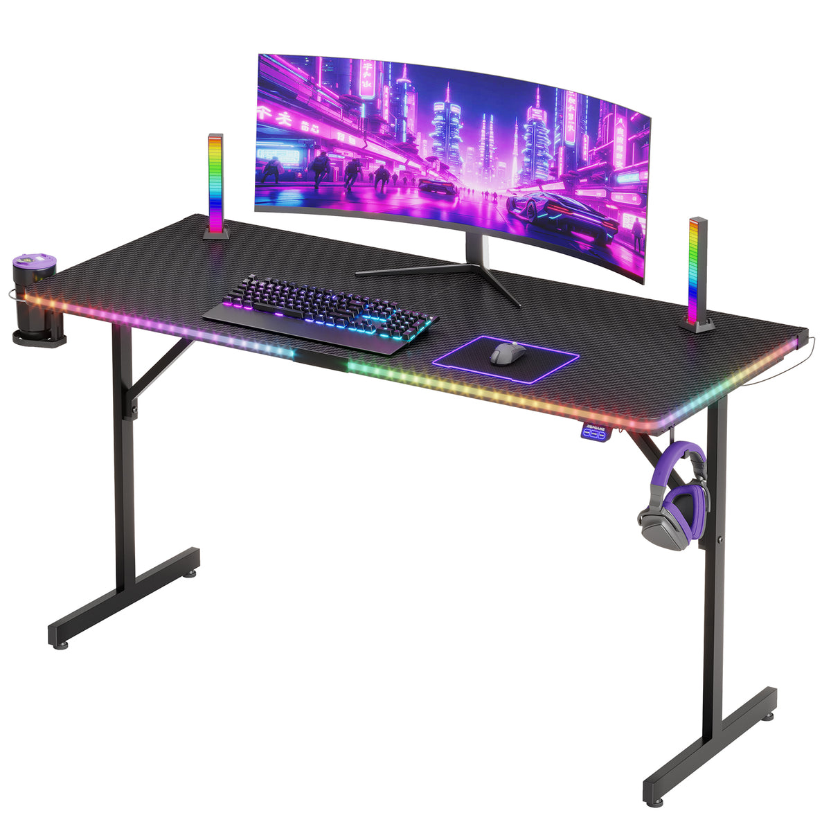 RSPGAME Music-Sync LED Lights Gaming Desk with 7 Colors & 7 Modes 55 inch Stable T-Shaped Legs Computer Table Carbon Fiber