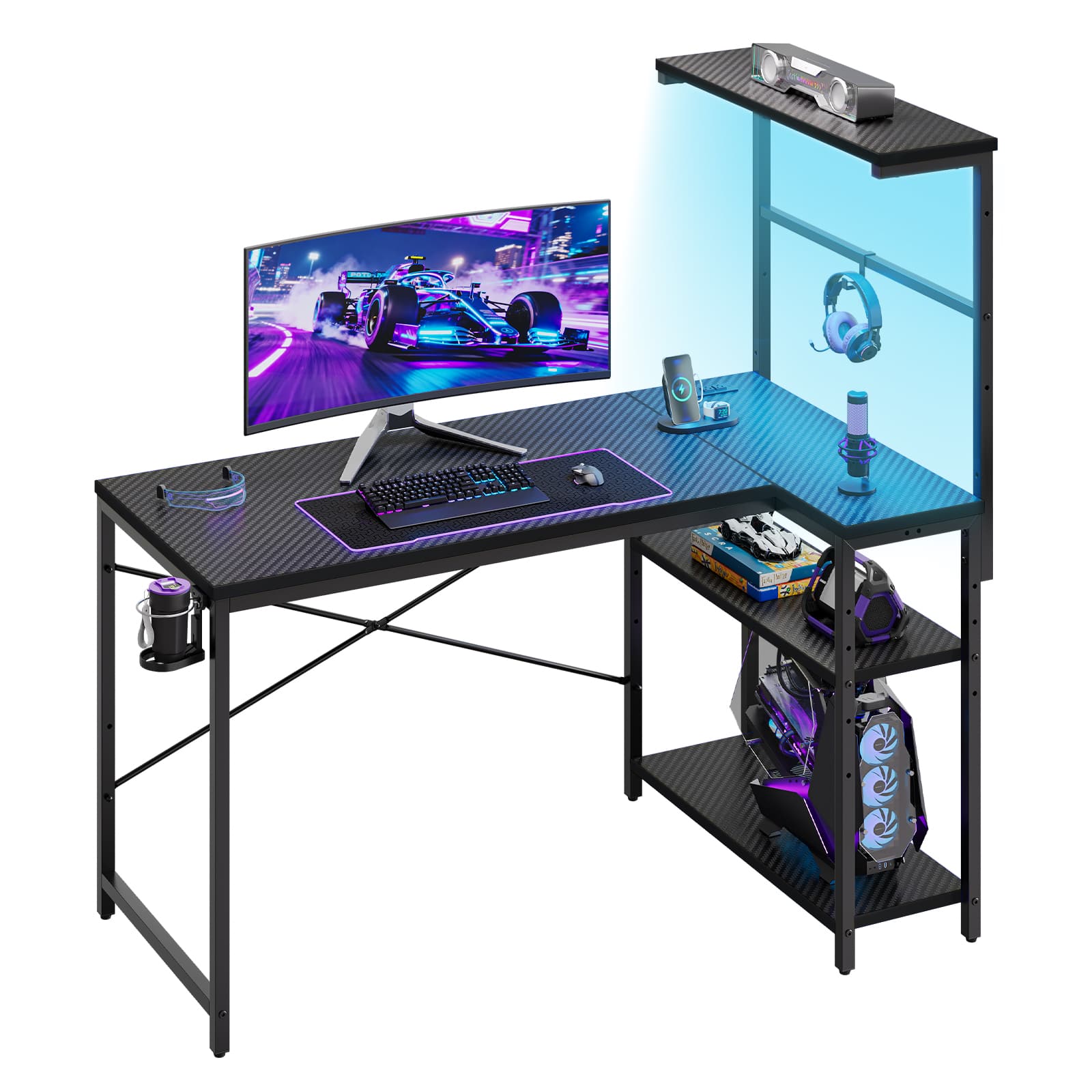 RSPGAME 41.5" Reversible L-Shaped Gaming Desk with Power Outlet and Hutch Storage, Black