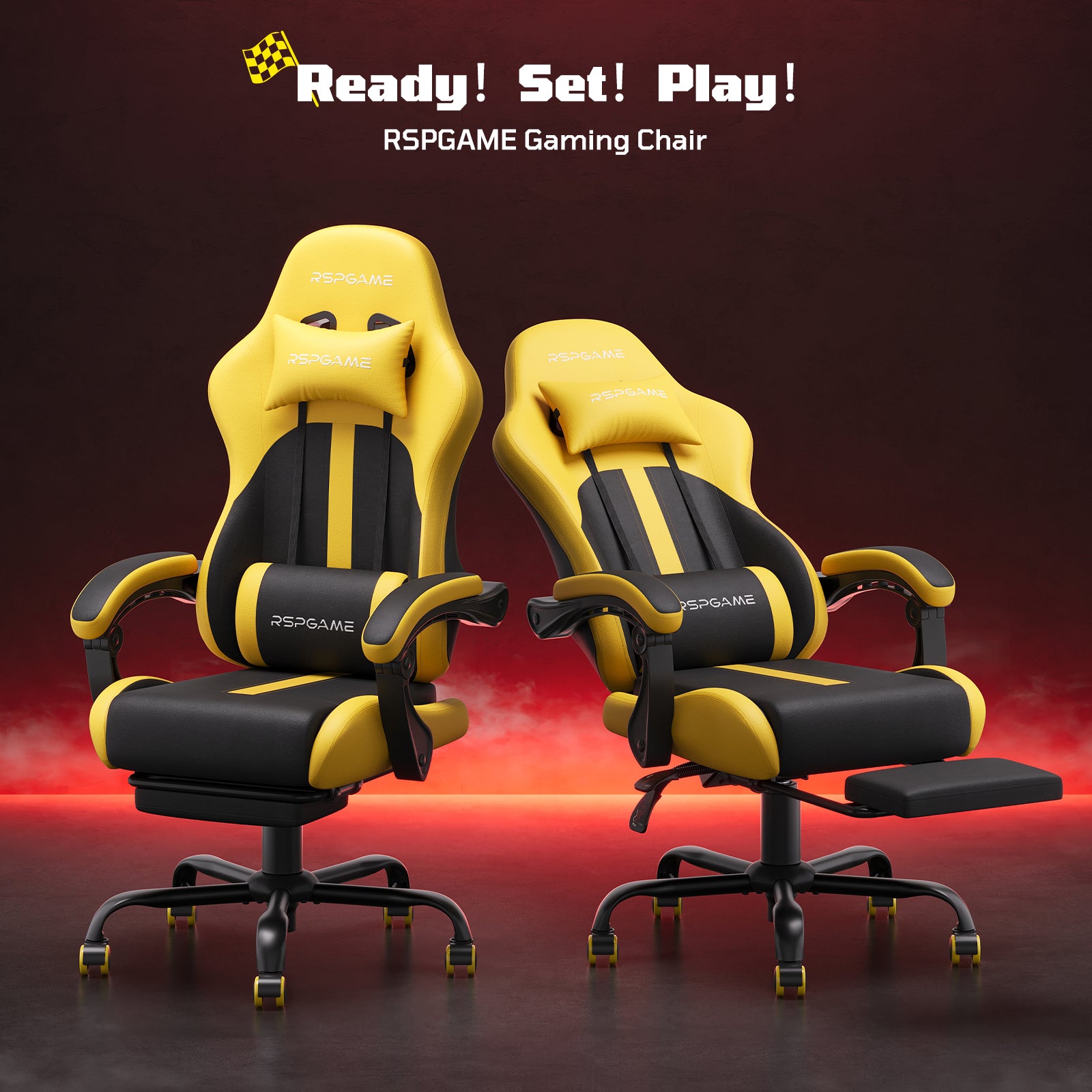 RSPGAME Ergonomic Gaming Chair For Adults,PU Leather Office Chairs with Lumbar Support and Retractable Footrest,Home and Office Computer Chairs-Yellow Racing