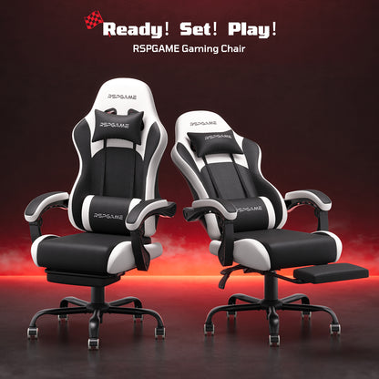 RSPGame Ergonomic Gaming Chairs for Adults,Pocket Spring Cushion,PU Leather Office Chairs with Lumbar Support and Retractable Footrest,Home and Office Computer Chairs-White Racing