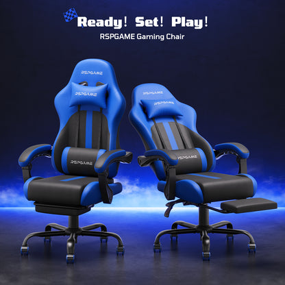 RSPGame Ergonomic Gaming Chairs for Adults,Pocket Spring Cushion,PU Leather Office Chairs with Lumbar Support and Retractable Footrest,Home and Office Computer Chairs-Blue Racing
