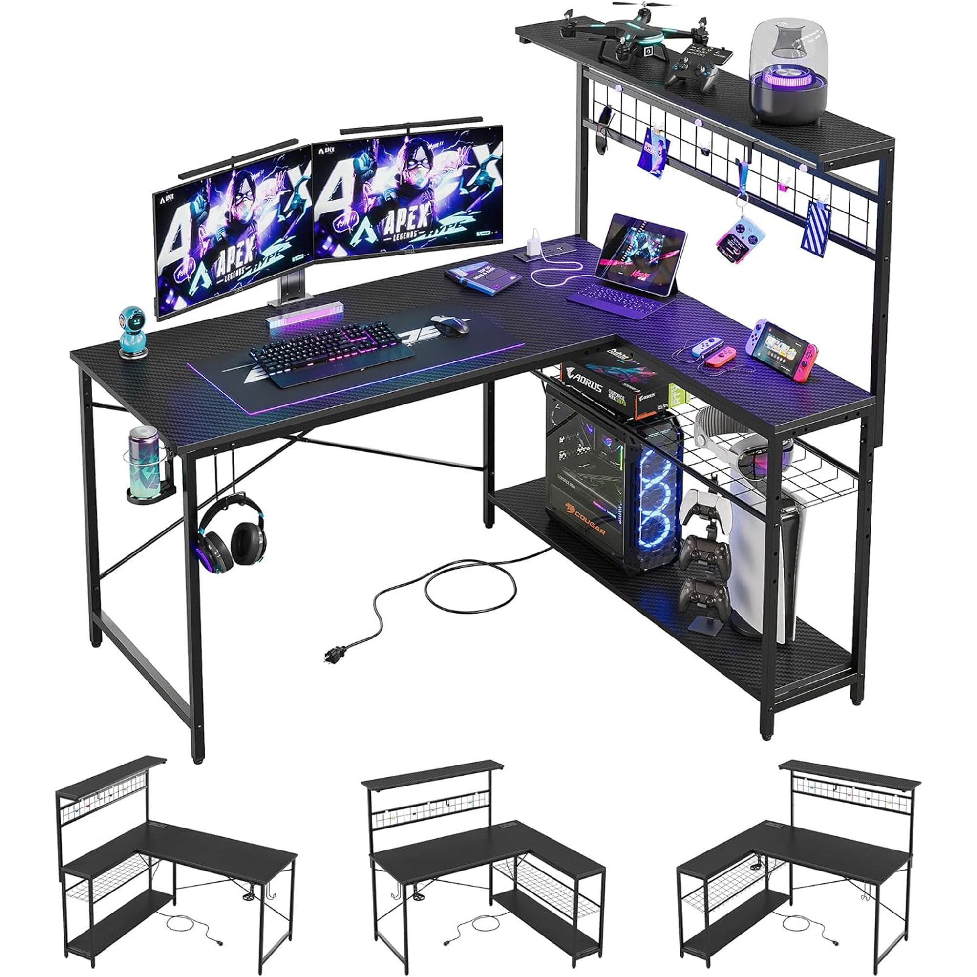 Bestier 51 L Shaped Gaming Desk with Power Outlets, LED Workstation with 4 Tiers Shelves for Home Office, Gamer Reversible…