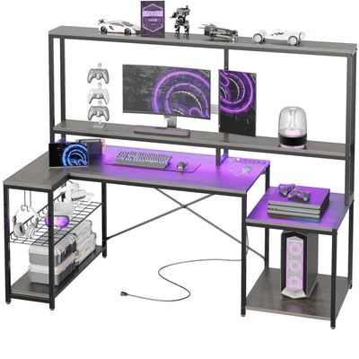 ***Bestier LED Gamer Desk, Gray, with Outlets & USB Ports, Storage Shelves, Carbon Fiber*** - image 2