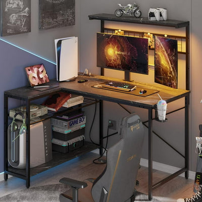 Bestier 42 inch Gaming Desk with LED Lights & Power Outlet, Reversible L Shaped Computer Desk with Hutch & Storage Shelves,…