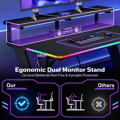 RSPGAME 43" Music Sync LED Gaming Desk,X-Shape Ergonomic Monitor Stand Gamer Table,PC Desk with Cup Holder and PS4/PS5/XBox Controller/Headset Hanger,Black Racing