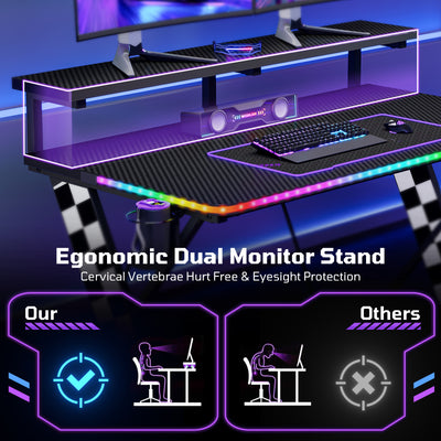 RSPGAME 43" Music Sync Light Gaming Desk PC Computer Black Office Gamer Table Desk with LED Lights & Monitor Stand, White Racing