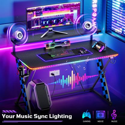 RSPGAME 43" Music Sync Light Gaming Desk PC Computer Black Office Gamer Table Desk with LED Lights & Monitor Stand, Blue Racing