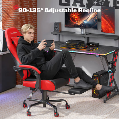 RSPGame Message Ergonomic Gaming Chairs for Adults,Pocket Spring Cushion,PU Leather Office Chairs with Lumbar Support and Retractable Footrest,Home and Office Computer Chairs-Red Racing