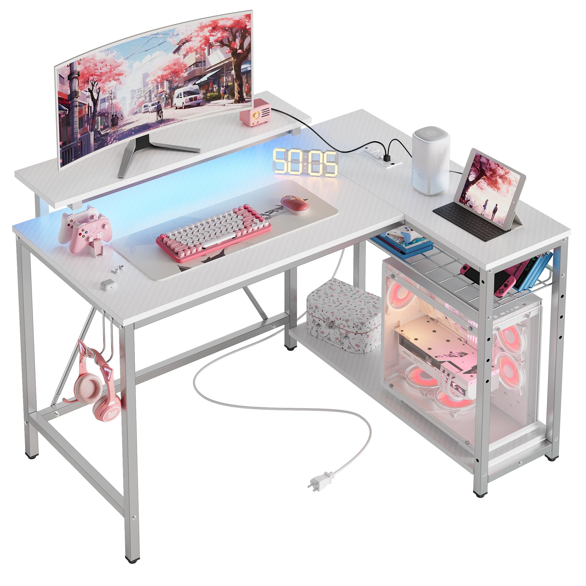 RSPGAME 42" L Shaped Computer Desk with Power Outlets, Home Office Desk with LED Lights & Monitor Stand, Reversible Shelves, Corner Desk for Small Spaces ,Bedrooms, Carbon Fiber White