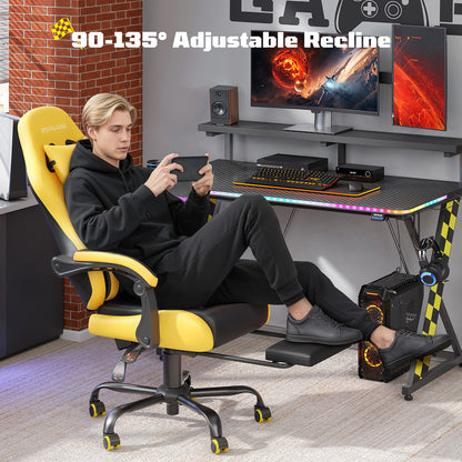 RSPGAME Ergonomic Gaming Chair For Adults,PU Leather Office Chairs with Lumbar Support and Retractable Footrest,Home and Office Computer Chairs-Yellow Racing